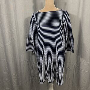 CROWN & IVY NAVY/WHITE STRIPPED DRESS BELL SLEEVES S/M Nautical Preppy Beach‎